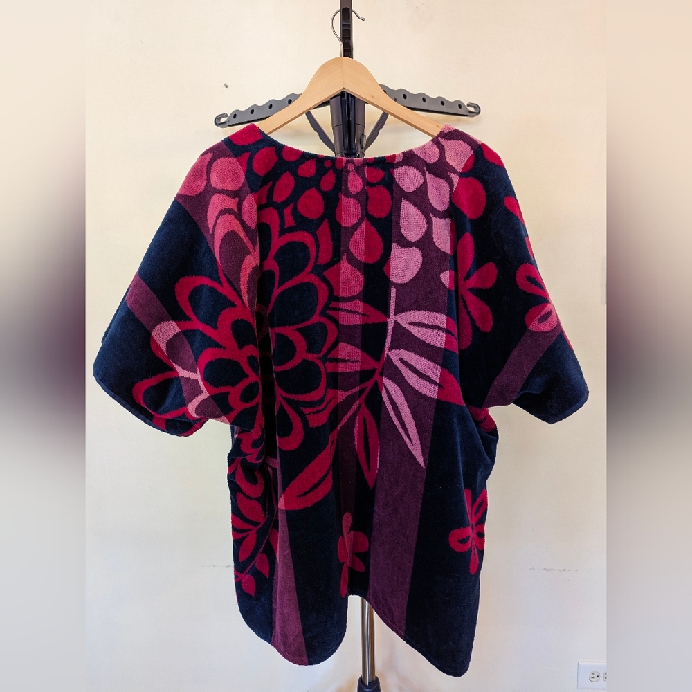 Vintage Terry Cloth Cardigan Coverup in blue, pink, and purple floral print